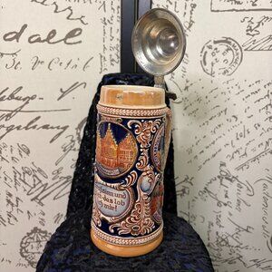 GERZ German Cities Pewter Lid BEER STEIN HAND PAINTED 9 1/2 - EXCELLENT